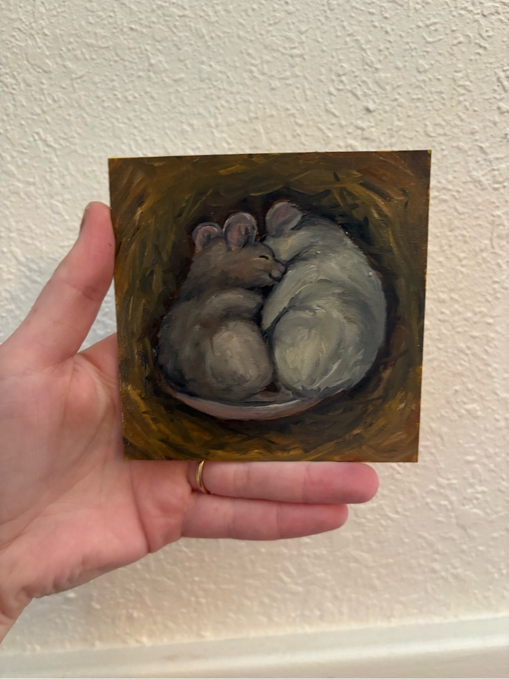 "Together mice” Original oil painting on wood board mini framed 4x4" - Picture 2 of 4